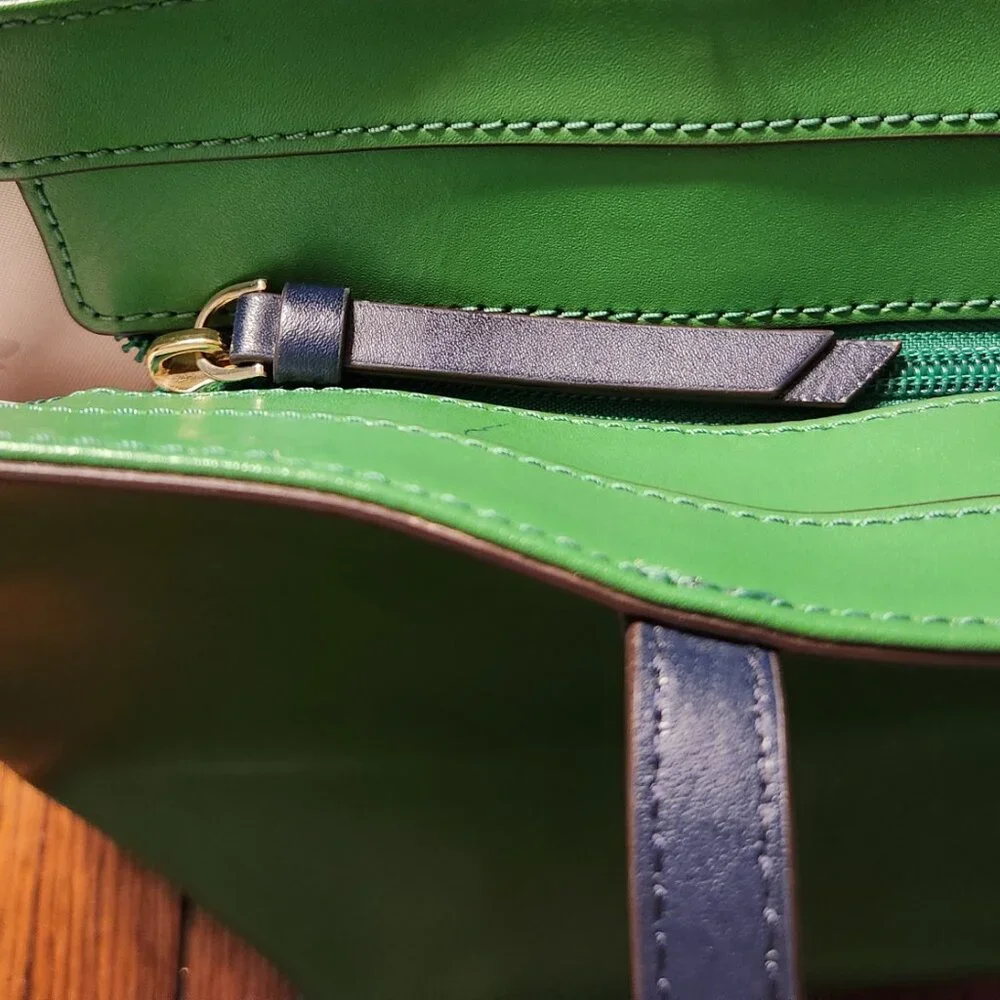 Kate Spade Tanya Tote Bag Green Leather W/ Blue Straps